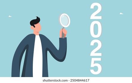 Analysis and planning of future projects in coming year, development of strategies for achieving high results, construction of course of business development, man points with magnifying glass to 2025.