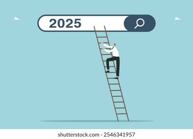 Analysis and planning of future projects in coming year, development of strategies for achieving high results, construction of course of business development, man goes up to search bar from 2025.