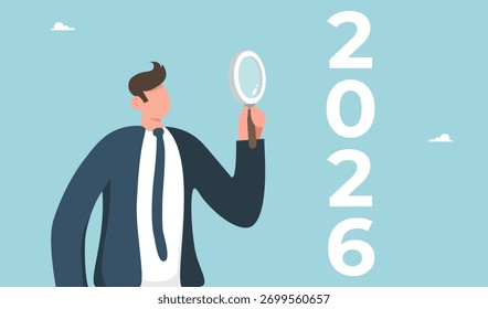 Analysis and planning of future projects in coming year, development of strategies for achieving high results, construction of course of business development, man points with magnifying glass to 2026.