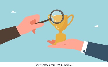 Analysis and planning of the path to achieving goals and victory, cooperation and leadership to achieve highest result, teamwork to find right strategy and business prosperity, men analyze the trophy.