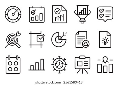 Analysis, planning, strategy, analysis, tasks related editable stroke outline icon set isolated flat vector illustration white background.