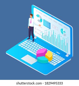 Analysis and planning, teamwork consulting business concept for project management, financial reporting and strategy. Small businessman standing on laptop doing digital analysis charts and graphs