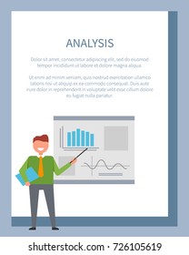 Analysis poster with businessman standing at interactive board with pointer vector illustration of smiling man in green sweater pointing at charts