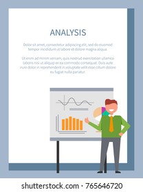 Analysis poster with businessman standing at interactive board. Vector illustration of smiling man in green sweater pointing at various charts on white