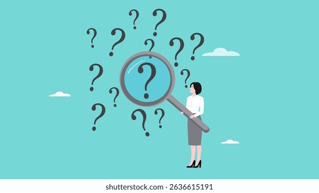 analysis of problems or irregularities, investigate the root cause of an incident or problem, looking for a solution to a problem, businesswoman analyzing question mark with magnifying glass
