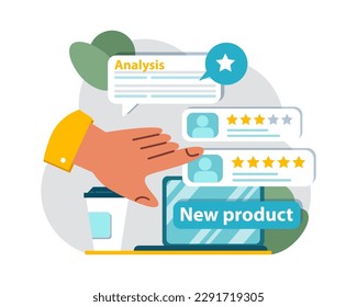 Análisis como etapa de desarrollo de productos. Nueva marca o iniciar el lanzamiento. Progreso del proyecto empresarial. Análisis de riesgos y gastos. Investigación de marketing de la auditoria de focalización. Ilustración vectorial plana
