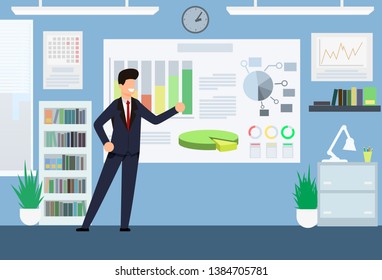 Analysis and Productivity Chart Cartoon Flat. Man in Suit Stands Office Near Schematic Table. Manager Rejoices in Positive Trend Indicator Chart. Vector Illustration. Office Interior.