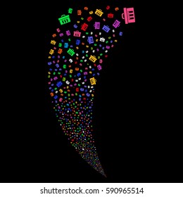 Analysis random fireworks stream. Vector illustration style is flat bright multicolored iconic symbols on a black background. Object fountain created from scattered design elements.