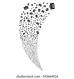 Analysis random fireworks stream. Vector illustration style is flat black iconic symbols on a white background. Object fountain created from scattered symbols.