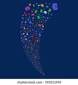 Analysis random fireworks stream. Vector illustration style is flat bright multicolored iconic symbols on a blue background. Object fountain organized from scattered design elements.