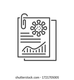 Analysis related vector thin line icon. Study report on sheets of paper with the image of the virus and graphs. . Isolated on white background. Editable stroke. Vector illustration.