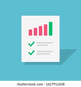 Analysis report document form with growth graphs and check marks notes vector flat cartoon, idea of business analytics audit on paper sheet or good tax inspection chart modern design 