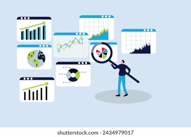 Analysis report research result, chart and diagram dashboard, financial graph statistics, analyze data, SEO or optimization concept, businessman with magnifying glass analyze research chart and graph.