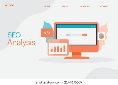 Analysis report of SEO, SEO data, Analytics app for website SEO - flat design vector illustration landing page template with icons and texts