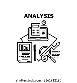 Analysis Report Vector Icon Concept. Accountant Analysis Report, Calculating Income And Expenses On Calculator Device, Entrepreneur Research And Analyzing Sales Infographic Black Illustration