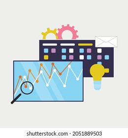 Informe estadístico de análisis e gráfico de investigación, metodología de negocio que gestiona el plano del proyecto. Concepto de marketing de vectores y flujo de trabajo de organización en equipo, ilustración de tareas de tablero de métodos de desarrollo