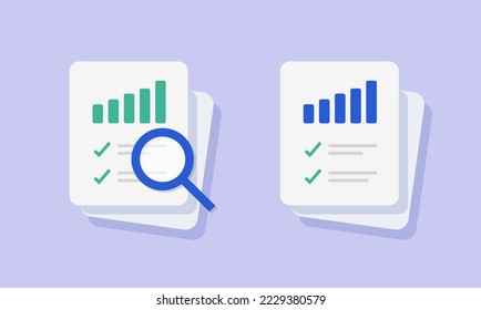 Analysis research data review icon vector or financial business sales audit report symbol pictogram graphic flat illustration, examine inspection search, evaluation overview quality results  