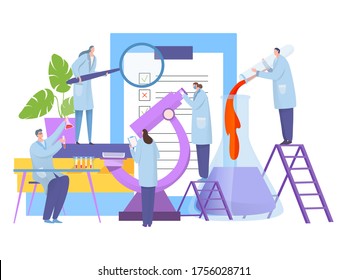 Analysis Research In Laboratory, Vector Illustration. Biology Scientist Character Around Large Microscope, Conduct Experiment. Cartoon Medical Test, Chemistry Discovery And Notes Report.