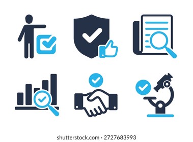 Conjunto de iconos de análisis y Aprobación de resultados. Iconos de la serie de glifos sólidos