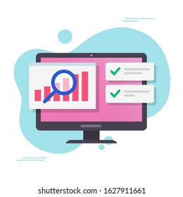 Analysis sales data growth graphs report on computer or pc with audit of stocks market with success notifications vector flat cartoon, idea of analytics technology charts online or internet statistics