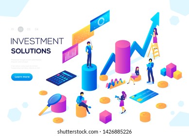 Analysis of sales, statistic grow data, accounting infographic illustration. Bank development economics strategy. Commerce solutions for investments, analysis. Economic deposits flat isometric concept