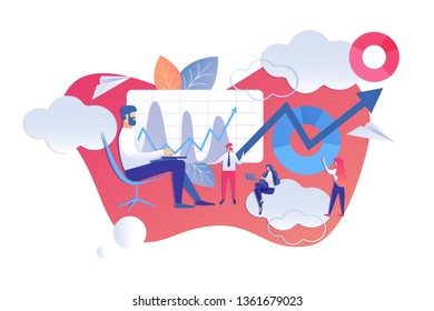 Analysis Scale and Dynamics Credit Investments. Vector Illustration on White Background. Male Chief sits in Chair and listens to Report Employees on Work Done on Background Graphs.