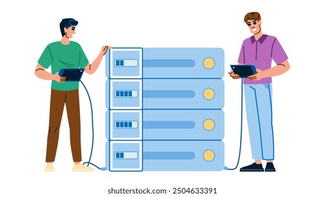 analysis scanning server vector. monitoring optimization, automation compliance, intrusion firewall analysis scanning server character. people flat cartoon illustration