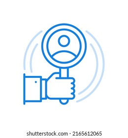 
Analysis and search character vector line icon. Identification of new employee for prestigious job career. Hand holds magnifying glass with avatar in center. Professional research desired discovery.