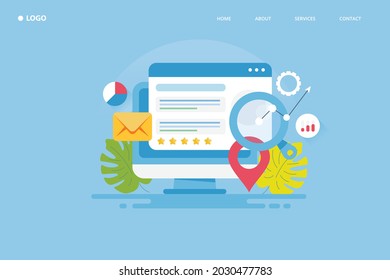 Analysis of Search results, SEO optimization, Local Business SEO - flat design vector illustration template with icons and texts