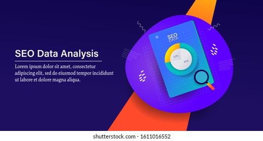 Analysis of Seo data, Data driven seo, Digital strategy analytics - conceptual creative banner with icons and texts