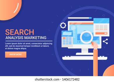 Analysis of SEO marketing, Strategy of Digital marketing, SEO campaign, flat style vector illustration with icons and texts