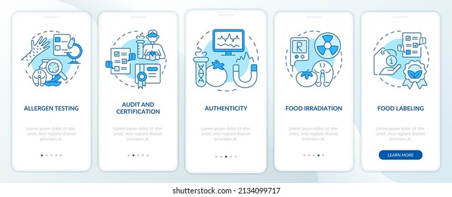 Analysis services blue onboarding mobile app screen. Authenticity walkthrough 5 steps graphic instructions pages with linear concepts. UI, UX, GUI template. Myriad Pro-Bold, Regular fonts used