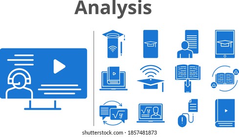 analysis set. included student-smartphone, feedback, professor, study, ebook, smartphone, cap, instructor, learn, homework, student-tablet, click icons. filled styles.