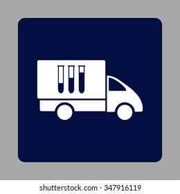 Analysis Shipment vector icon. Style is flat rounded square button, white and dark blue colors, silver background.