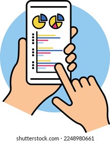 Pantalla de smartphone del sitio de análisis. Materiales para negocios. Sesión informativa. materiales de comercialización. diseño plano. Análisis de negocios, investigación de mercado, análisis de datos.