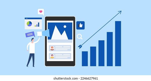 Analysis of social media post, Social media marketing analytics, Increasing traffic from mobile marketing - Flat vector illustration background