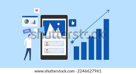 Analysis of social media post, Social media marketing analytics, Increasing traffic from mobile marketing - Flat vector illustration background