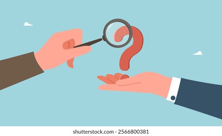 Analysis for solving business problems, teamwork and brainstorming for answers to questions, FAQ, thought process and logic for solving work tasks, large hands with loupe analyze question mark.