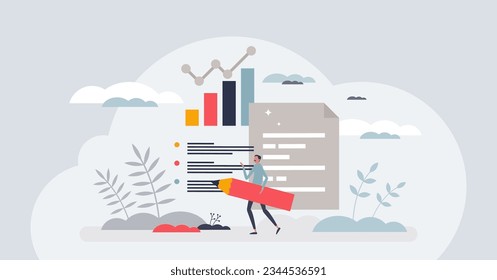 Análisis e información estadística o revisión de datos trabajo diminuto concepto de persona. Evaluación gráfica de las finanzas económicas o ilustración vectorial de la planificación del crecimiento. Analizar el mercado o los beneficios para el presupuesto empresarial