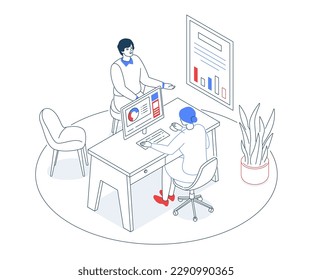 Analysis of statistical data - modern line design style isometric illustration on white background. Composition with two office workers looking at graphs and charts. Teamwork and efficiency idea