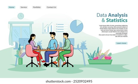 Analysis and Statistics illustration web template with a simple flat illustration of some people meeting and a web homepage layout.