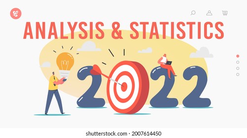 Analysis and Statistics Landing Page Template. Creative Idea and Business Plan Concept. Businessman with Glowing Light Bulb at Huge 2022 Number with Target or Goal. Cartoon People Vector Illustration