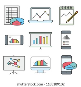 Analysis, Statistics line icons. Chart, Report and Service signs. Data and Presentation symbols. 