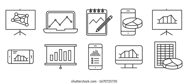Analysis, Statistics line icons. Chart, Report and Service signs. Data and Presentation symbols. 
