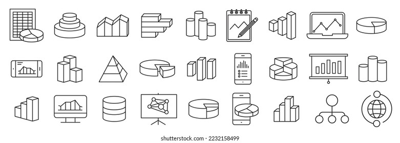 Analysis, Statistics line icons. Chart, Report and Service signs. Data and Presentation symbols. 
