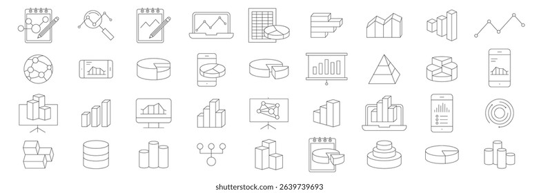 Analysis, Statistics line icons. Chart, Report and Service signs. Data and Presentation symbols. 
