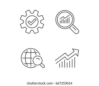 Analysis, Statistics line icons. Chart, Report and Audit magnifier signs. Data and Presentation symbols. Quality design elements. Editable stroke. Vector