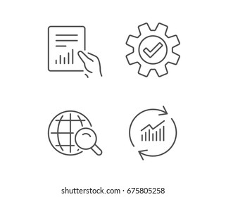 Analysis, Statistics line icons. Chart, Report and Internet search signs. Data and Presentation symbols. Quality design elements. Editable stroke. Vector