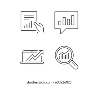 Analysis, Statistics line icons. Chart, Report and Audit signs. Data Speech bubble and Presentation symbols. Quality design elements. Editable stroke. Vector