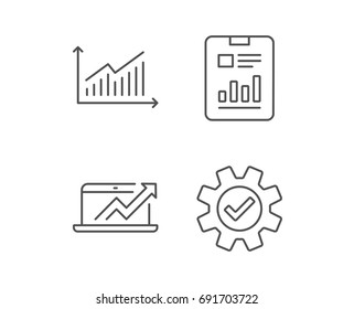 Analysis, Statistics line icons. Chart, Report and Service signs. Data and Presentation symbols. Quality design elements. Editable stroke. Vector